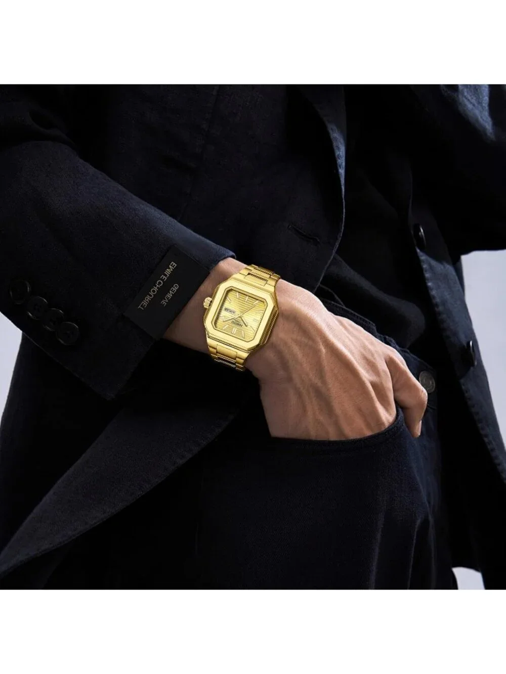 Nibosi Men's Gold Analog Quartz Stainless Steel Waterproof Date Square Watch